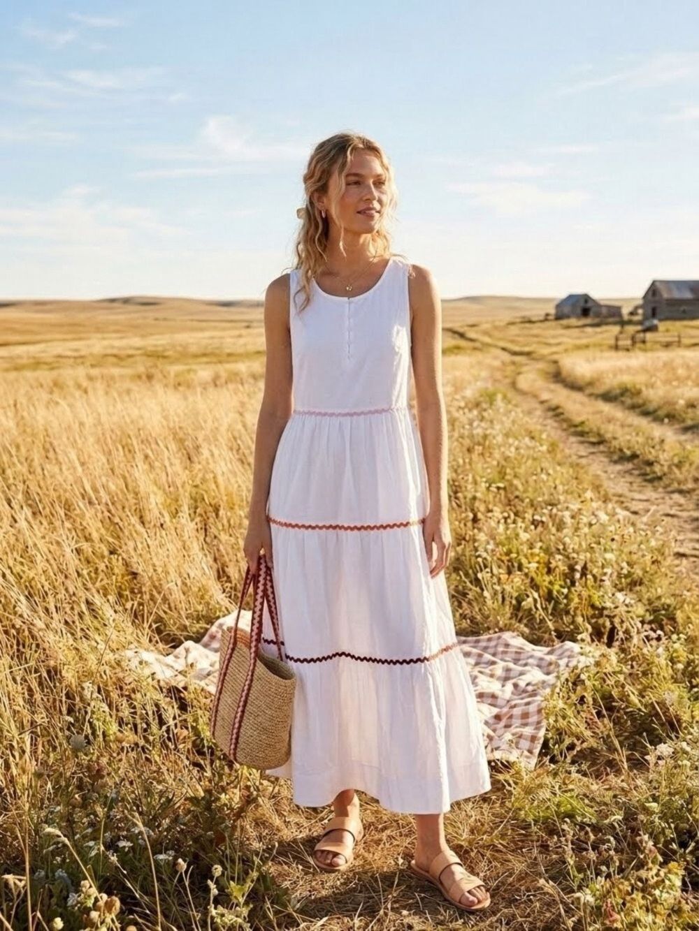 Madewell White Tiered Maxi Dress XXS Ric Rac Trim Sleeveless